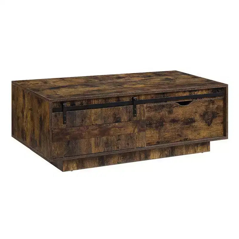 Royal Hampton 47 Inch Rustic Oak Coffee Table, Sliding Barn Door, Single Drawer