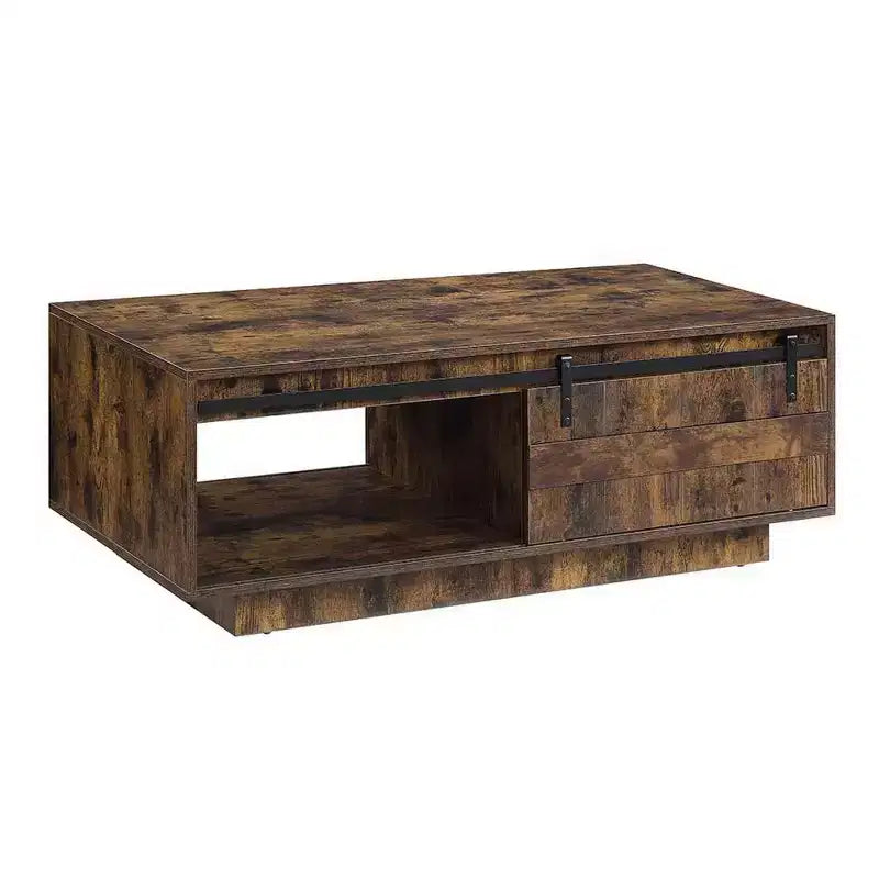 Table basse rustique en chêne de 47 pouces, porte coulissante de style grange, un tiroir