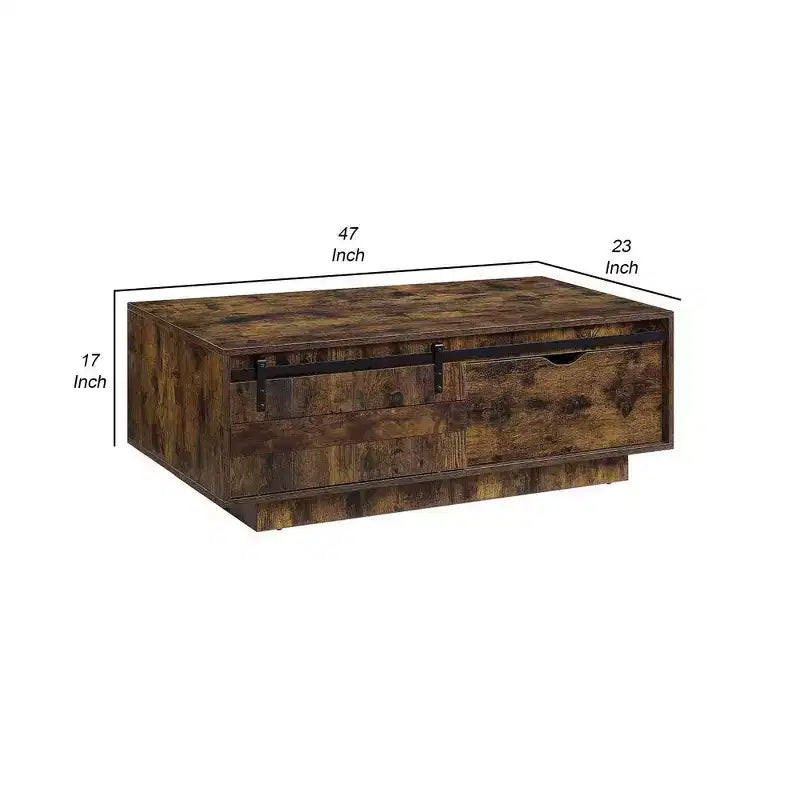 Table basse rustique en chêne de 47 pouces, porte coulissante de style grange, un tiroir