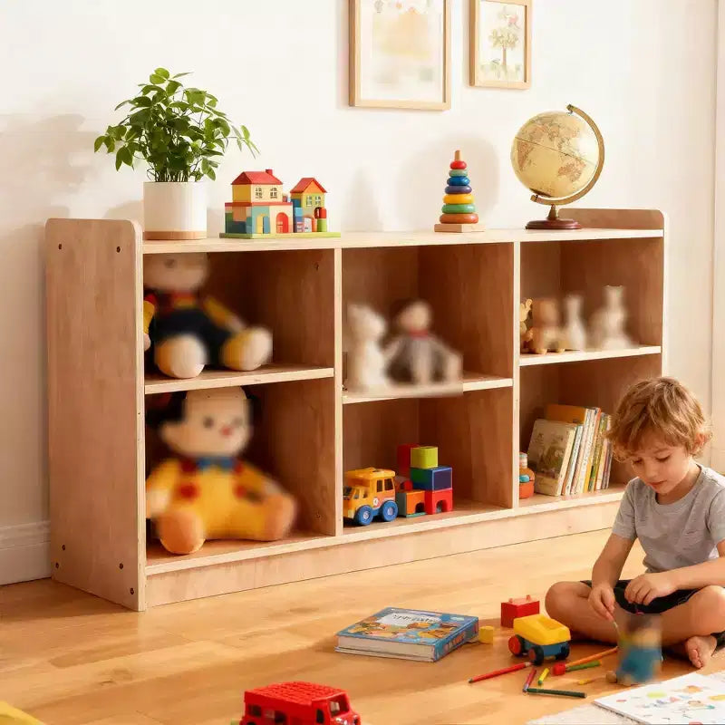 Montessori Wooden Storage Shelf, 6-Compartment Toy & Book Organizer with Adjustable Dividers, Natural Finish Kids' Bookcase for Playrooms, Nurseries