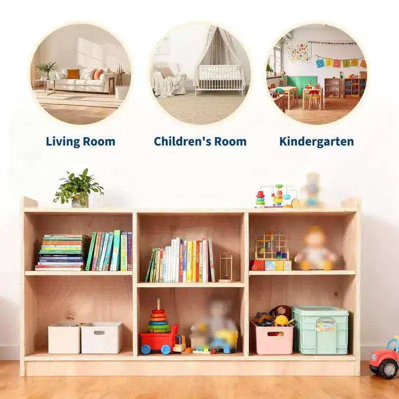 Étagère de rangement Montessori en bois, organisateur de jouets et de livres à 6 compartiments avec diviseurs réglables, bibliothèque pour enfants au fini naturel pour salles de jeux, crèches