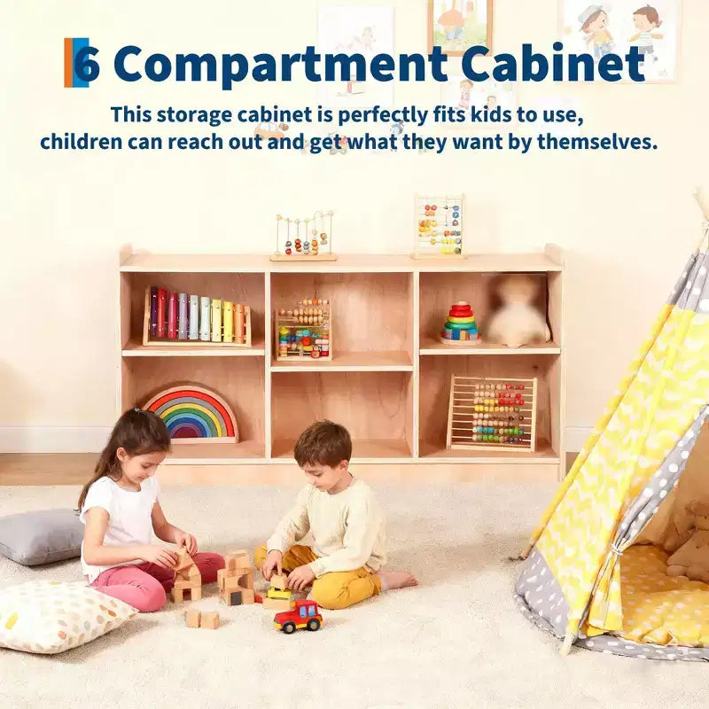 Étagère de rangement Montessori en bois, organisateur de jouets et de livres à 6 compartiments avec diviseurs réglables, bibliothèque pour enfants au fini naturel pour salles de jeux, crèches