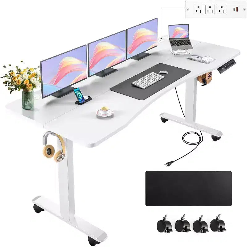 HOMDOX Elec-Standing Computer Desk Adjustable Height 63  24 Ergonomically Curved Desktop with Outlet Lockable Casters Lifting Range 27''-46''