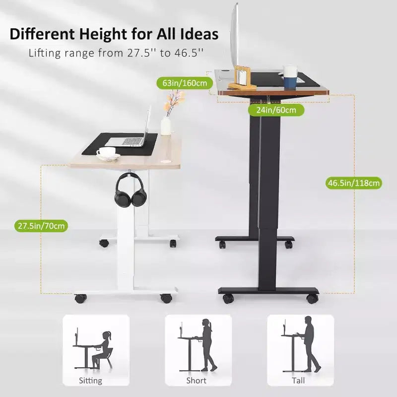 Bureau d'ordinateur électrique réglable en hauteur 63x24 avec plateau incurvé ergonomique, prise de courant, roulettes verrouillables, hauteur réglable 68,5-117 cm