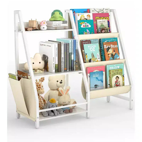 3-Tier Kids Bookshelf and Toy Organizer with Sling Fabric Pockets