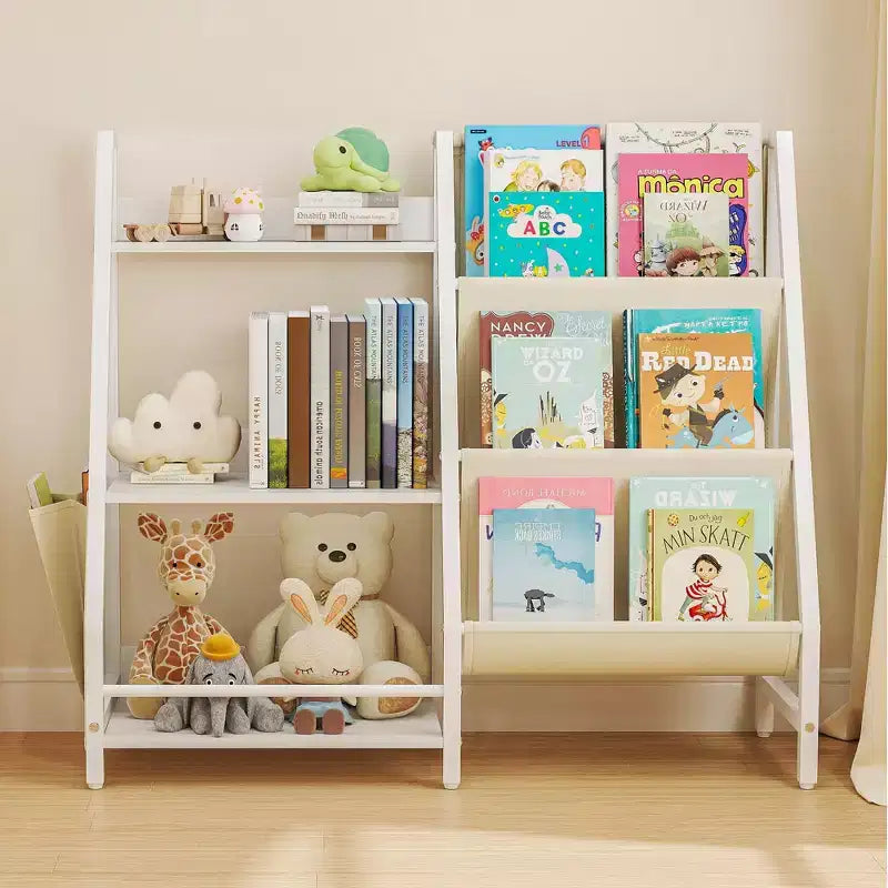 Étagère à Livres et Organisateur de Jouets pour Enfants à 3 Niveaux avec Poches en Tissu à Bretelles