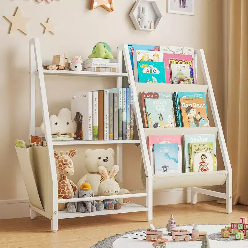 Étagère à Livres et Organisateur de Jouets pour Enfants à 3 Niveaux avec Poches en Tissu à Bretelles
