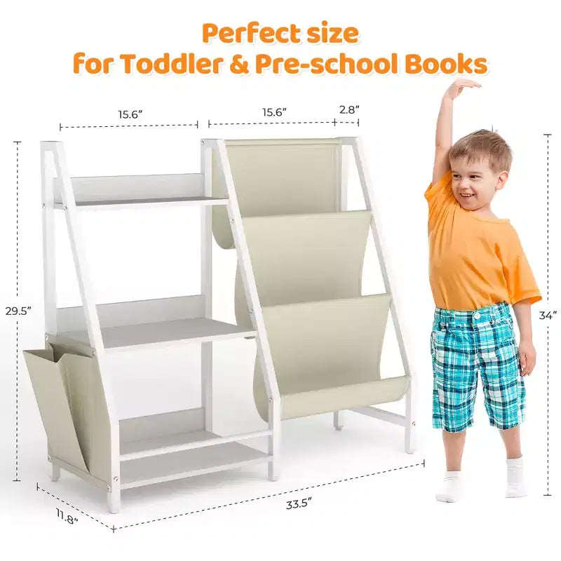 Étagère à Livres et Organisateur de Jouets pour Enfants à 3 Niveaux avec Poches en Tissu à Bretelles