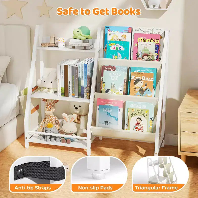 Étagère à Livres et Organisateur de Jouets pour Enfants à 3 Niveaux avec Poches en Tissu à Bretelles