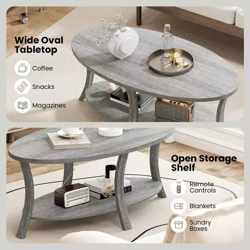 Table basse ovale Pieds de support robustes pour salon, bureau, salle de réception Gris