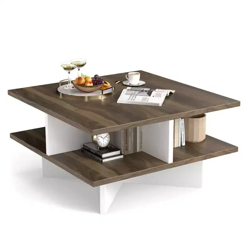 Costway 2-Tier Coffee Table Farmhouse Modern Center Table for Living Room Walnut and White