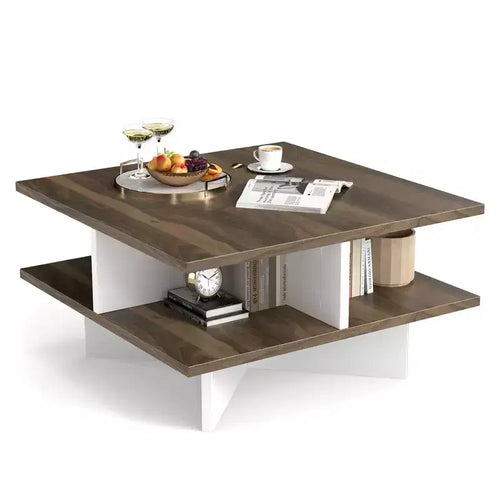 Costway 2-Tier Coffee Table Farmhouse Modern Center Table for Living Room Walnut and White