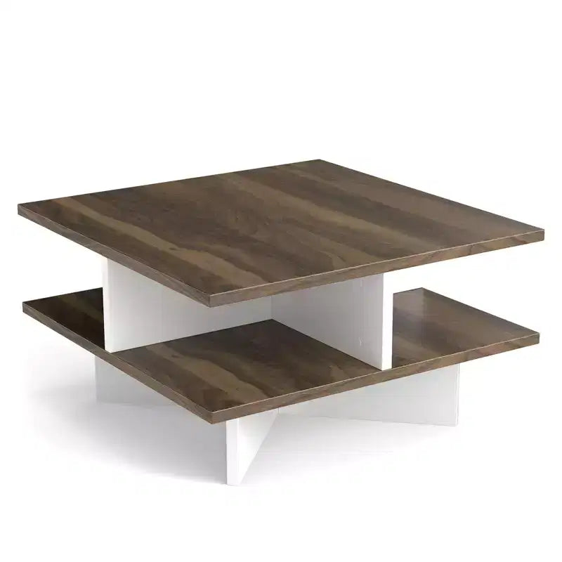 Table basse à 2 niveaux, style ferme moderne, pour salon, noyer et blanc