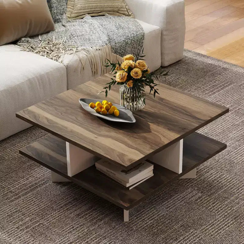 Table basse à 2 niveaux, style ferme moderne, pour salon, noyer et blanc