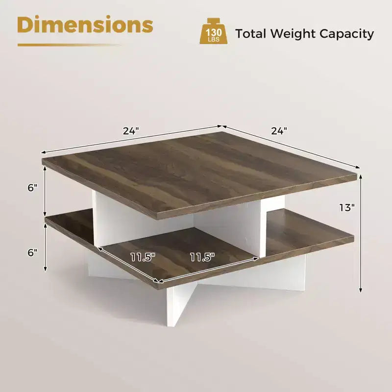 Table basse à 2 niveaux, style ferme moderne, pour salon, noyer et blanc