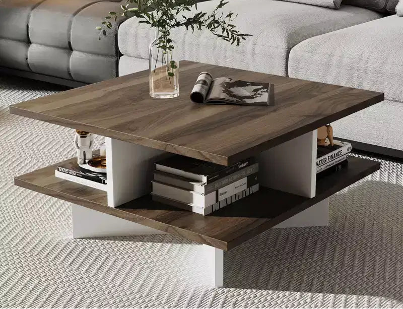 Table basse à 2 niveaux, style ferme moderne, pour salon, noyer et blanc