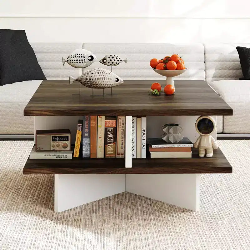 Table basse à 2 niveaux, style ferme moderne, pour salon, noyer et blanc