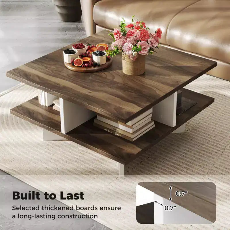 Table basse à 2 niveaux, style ferme moderne, pour salon, noyer et blanc