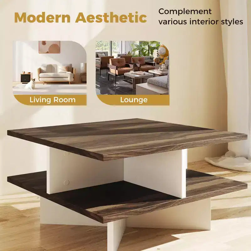 Table basse à 2 niveaux, style ferme moderne, pour salon, noyer et blanc