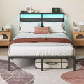 Full Size Modern Metal Platform Bed Frame with Storage Headboard RGB LED Lights Charging Station USB Ports No Box Spring Needed Noise Free Black Bed