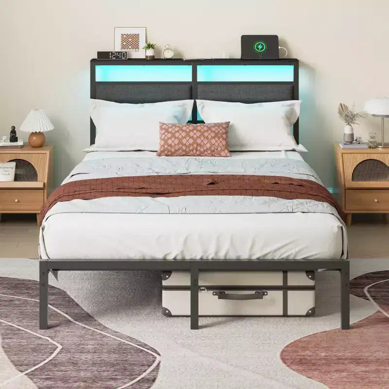 Full Size Modern Metal Platform Bed Frame with Storage Headboard RGB LED Lights Charging Station USB Ports No Box Spring Needed Noise Free Black Bed