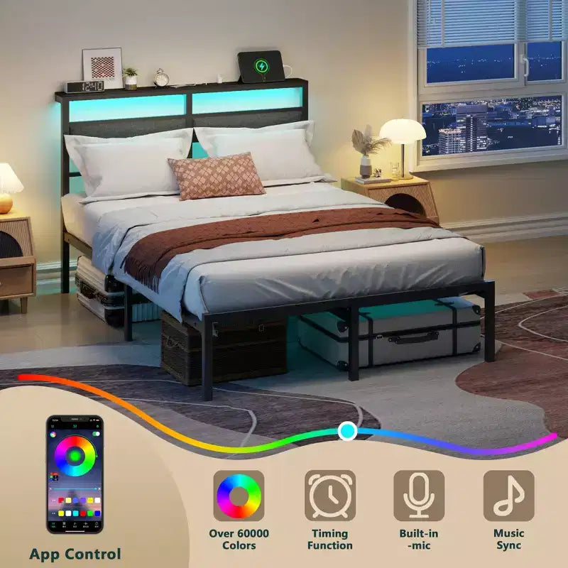Cadre de lit plateforme moderne en métal pleine grandeur avec tête de lit de rangement, lumières LED RVB, station de charge, ports USB, pas besoin de sommier, sans bruit, lit noir