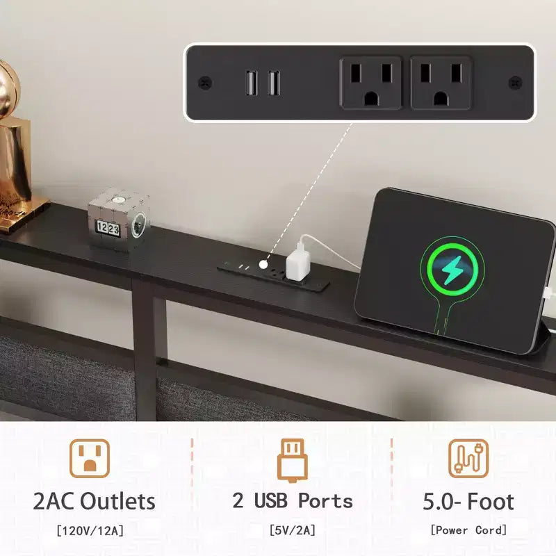 Cadre de lit plateforme moderne en métal pleine grandeur avec tête de lit de rangement, lumières LED RVB, station de charge, ports USB, pas besoin de sommier, sans bruit, lit noir