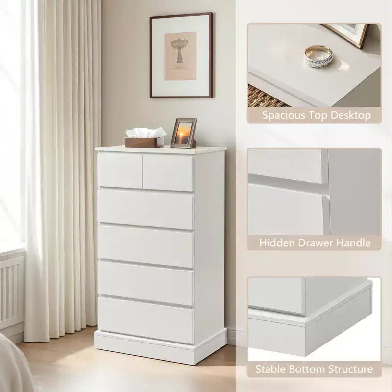 Commode haute moderne en bois de 40 pouces avec poignées dissimulées et 6 tiroirs