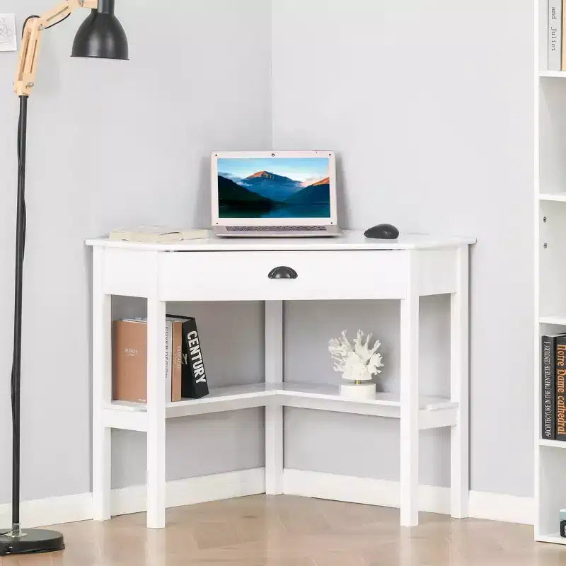 Bureau d'angle, bureau d'ordinateur triangulaire avec tiroir et étagères de rangement pour petits espaces, poste de travail de bureau à domicile pour salon ou chambre à coucher