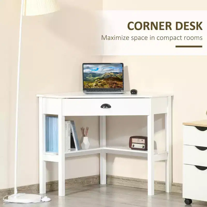 Bureau d'angle, bureau d'ordinateur triangulaire avec tiroir et étagères de rangement pour petits espaces, poste de travail de bureau à domicile pour salon ou chambre à coucher