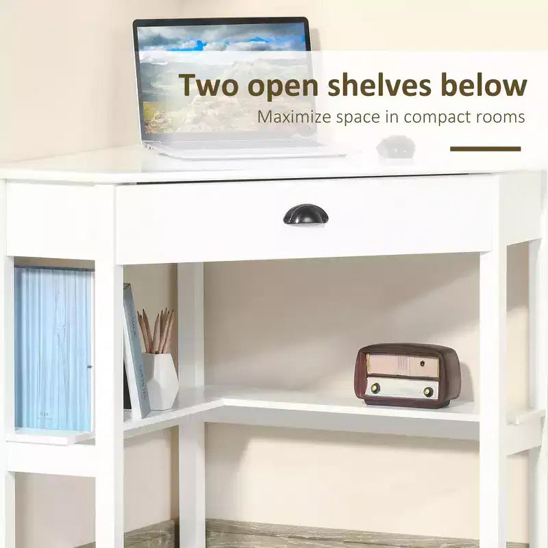 Bureau d'angle, bureau d'ordinateur triangulaire avec tiroir et étagères de rangement pour petits espaces, poste de travail de bureau à domicile pour salon ou chambre à coucher