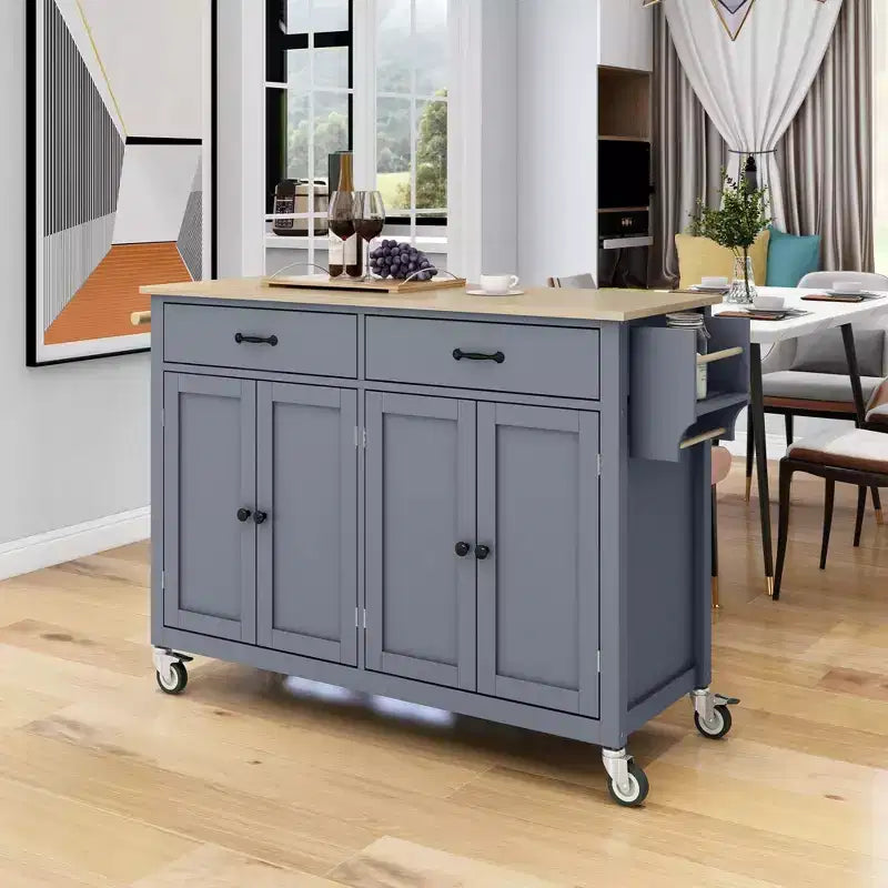 PexFix 54.3 Inch Kitchen Island Cart with Solid Wood Top and Locking Wheels 4 Door Cabinet and Two Drawers & Spice Rack & Towel Rack Blue