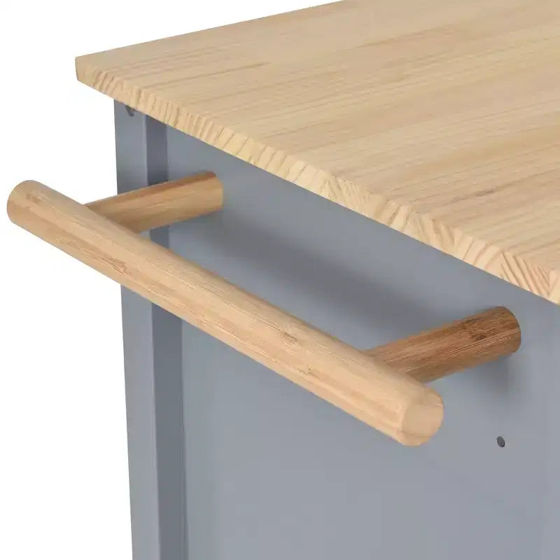 Îlot de Cuisine Roulant de 137,9 cm avec Plateau en Bois Massif et Roues Verrouillables, Meuble 4 Portes, Deux Tiroirs, Étagère à Épices et Porte-Serviettes Bleu