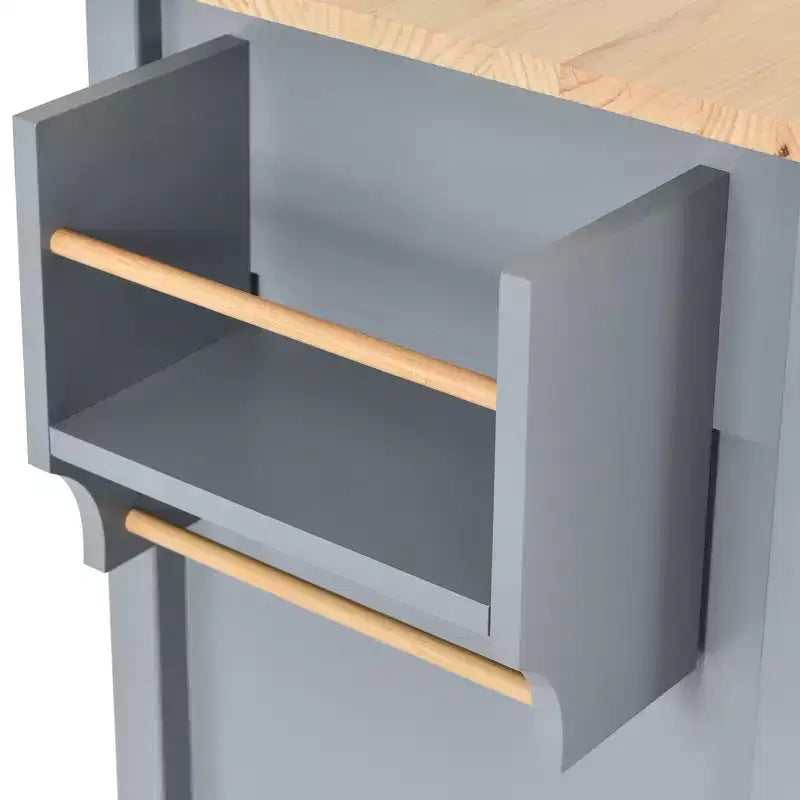 Îlot de Cuisine Roulant de 137,9 cm avec Plateau en Bois Massif et Roues Verrouillables, Meuble 4 Portes, Deux Tiroirs, Étagère à Épices et Porte-Serviettes Bleu