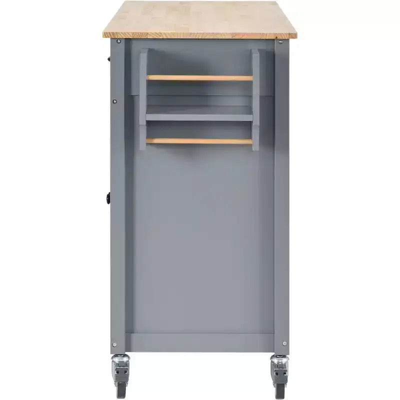 Îlot de Cuisine Roulant de 137,9 cm avec Plateau en Bois Massif et Roues Verrouillables, Meuble 4 Portes, Deux Tiroirs, Étagère à Épices et Porte-Serviettes Bleu