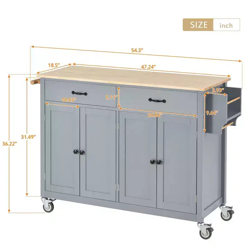 Îlot de Cuisine Roulant de 137,9 cm avec Plateau en Bois Massif et Roues Verrouillables, Meuble 4 Portes, Deux Tiroirs, Étagère à Épices et Porte-Serviettes Bleu