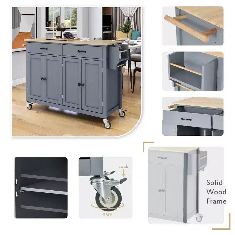 Îlot de Cuisine Roulant de 137,9 cm avec Plateau en Bois Massif et Roues Verrouillables, Meuble 4 Portes, Deux Tiroirs, Étagère à Épices et Porte-Serviettes Bleu