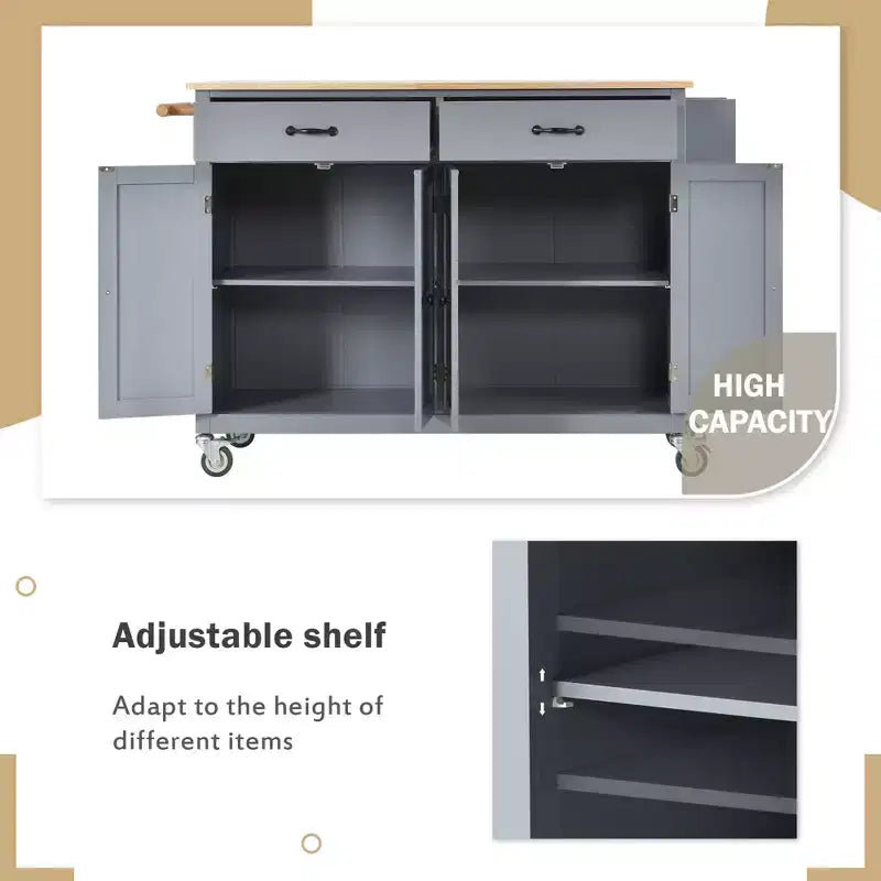 Îlot de Cuisine Roulant de 137,9 cm avec Plateau en Bois Massif et Roues Verrouillables, Meuble 4 Portes, Deux Tiroirs, Étagère à Épices et Porte-Serviettes Bleu