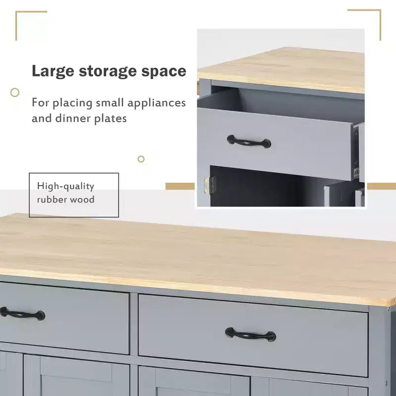 Îlot de Cuisine Roulant de 137,9 cm avec Plateau en Bois Massif et Roues Verrouillables, Meuble 4 Portes, Deux Tiroirs, Étagère à Épices et Porte-Serviettes Bleu
