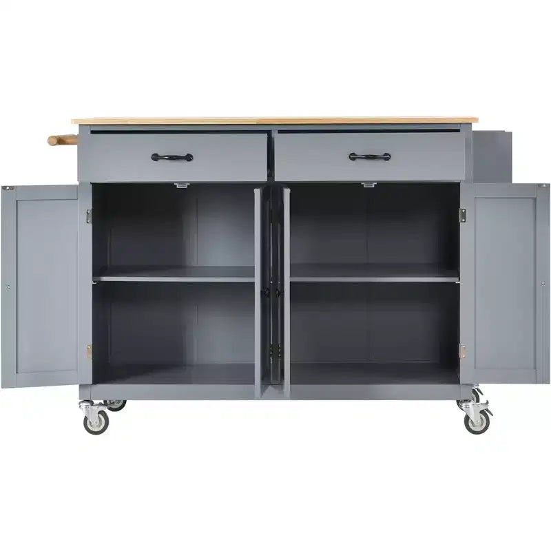 Îlot de Cuisine Roulant de 137,9 cm avec Plateau en Bois Massif et Roues Verrouillables, Meuble 4 Portes, Deux Tiroirs, Étagère à Épices et Porte-Serviettes Bleu