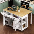 PexFix 47 Kitchen Island with Extendable Dining Table Rubber Wood Veneer Kitchen Table with Storage Rack & Power Outlet & 2 Drawers 2 Cabinet White