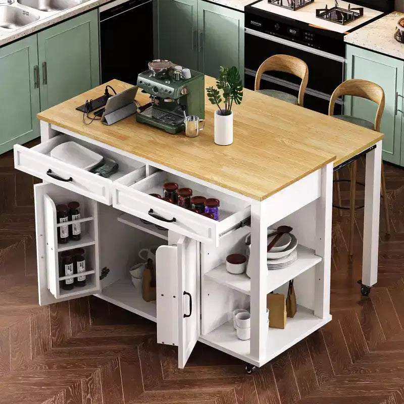 PexFix 47 Kitchen Island with Extendable Dining Table Rubber Wood Veneer Kitchen Table with Storage Rack & Power Outlet & 2 Drawers 2 Cabinet White