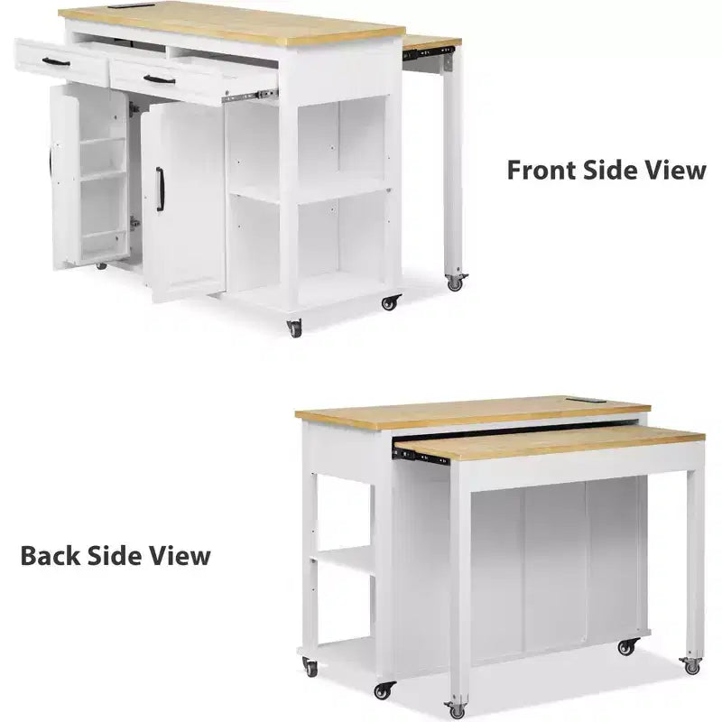 47 Îlot de cuisine avec table à manger extensible, Table de cuisine en placage de bois d'hévéa avec étagère de rangement et prise de courant et 2 tiroirs, 2 armoires, Blanc