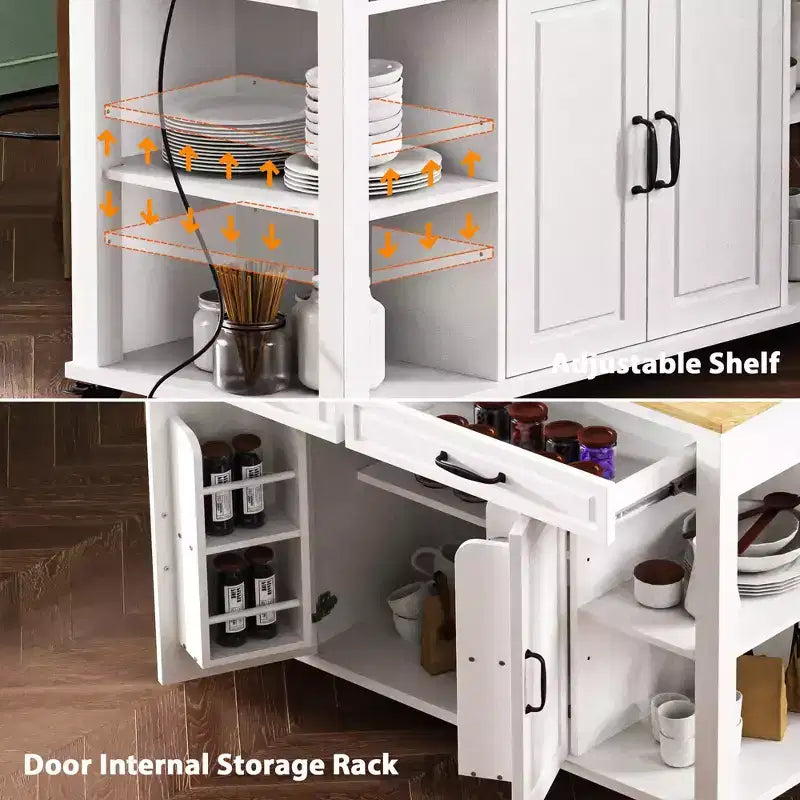 47 Îlot de cuisine avec table à manger extensible, Table de cuisine en placage de bois d'hévéa avec étagère de rangement et prise de courant et 2 tiroirs, 2 armoires, Blanc