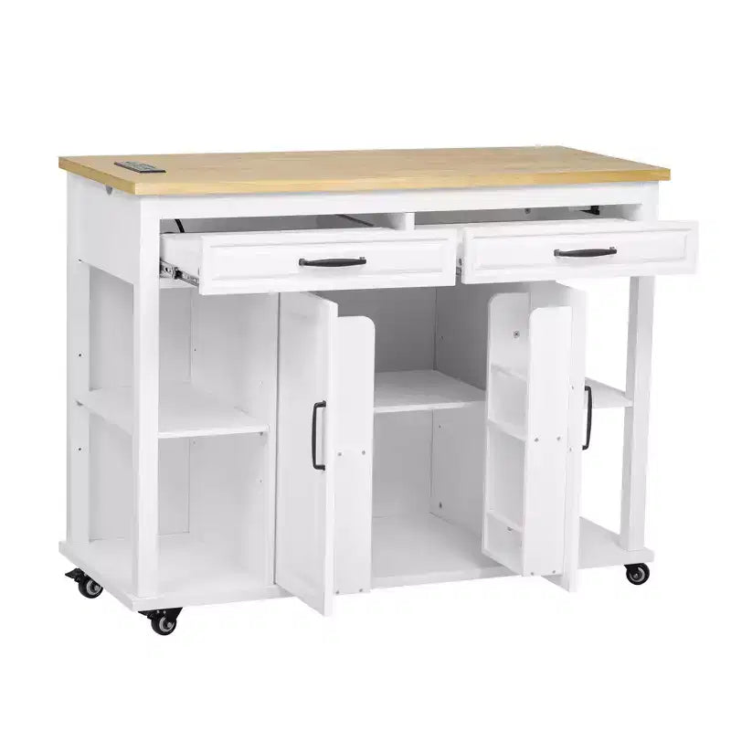 47 Îlot de cuisine avec table à manger extensible, Table de cuisine en placage de bois d'hévéa avec étagère de rangement et prise de courant et 2 tiroirs, 2 armoires, Blanc