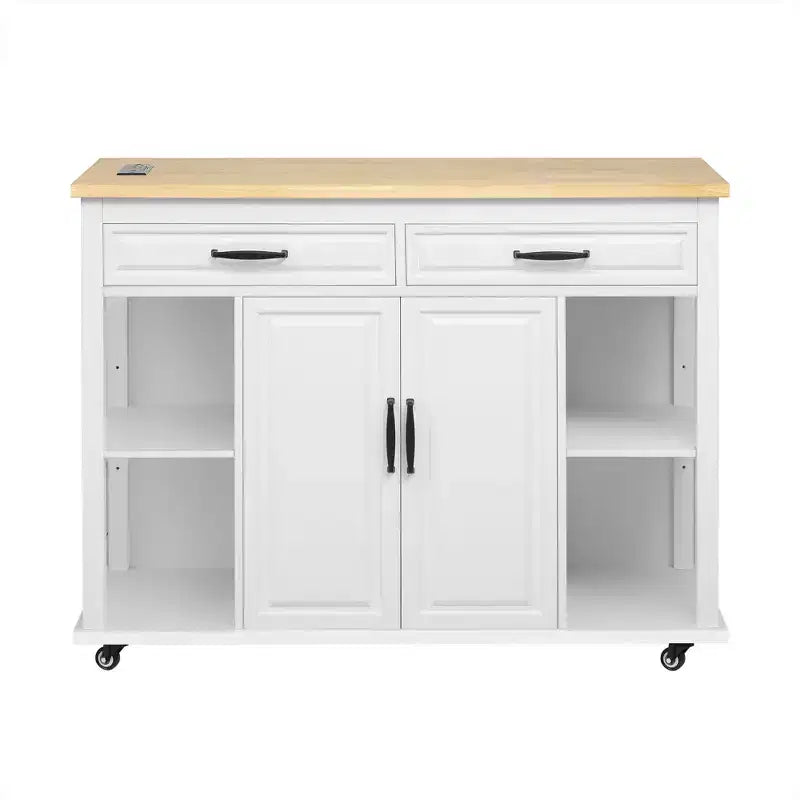 47 Îlot de cuisine avec table à manger extensible, Table de cuisine en placage de bois d'hévéa avec étagère de rangement et prise de courant et 2 tiroirs, 2 armoires, Blanc