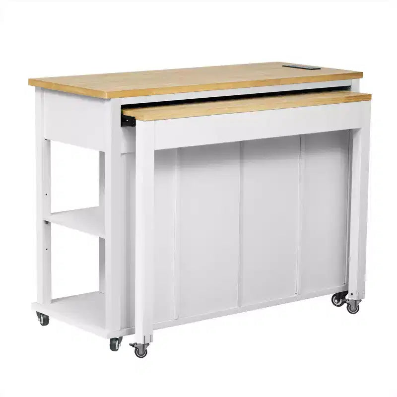 47 Îlot de cuisine avec table à manger extensible, Table de cuisine en placage de bois d'hévéa avec étagère de rangement et prise de courant et 2 tiroirs, 2 armoires, Blanc