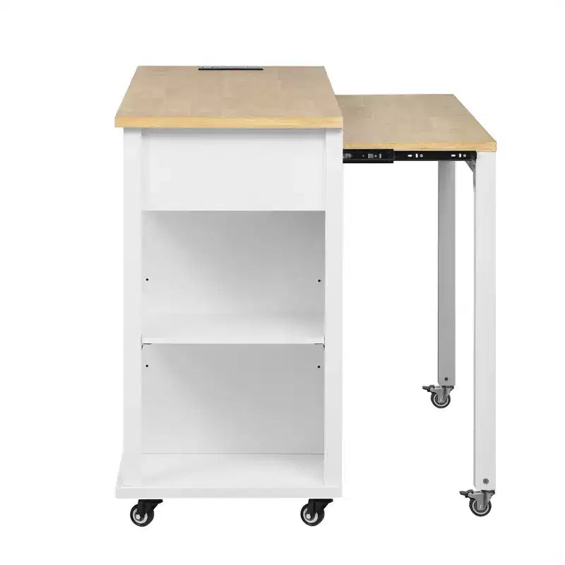 47 Îlot de cuisine avec table à manger extensible, Table de cuisine en placage de bois d'hévéa avec étagère de rangement et prise de courant et 2 tiroirs, 2 armoires, Blanc