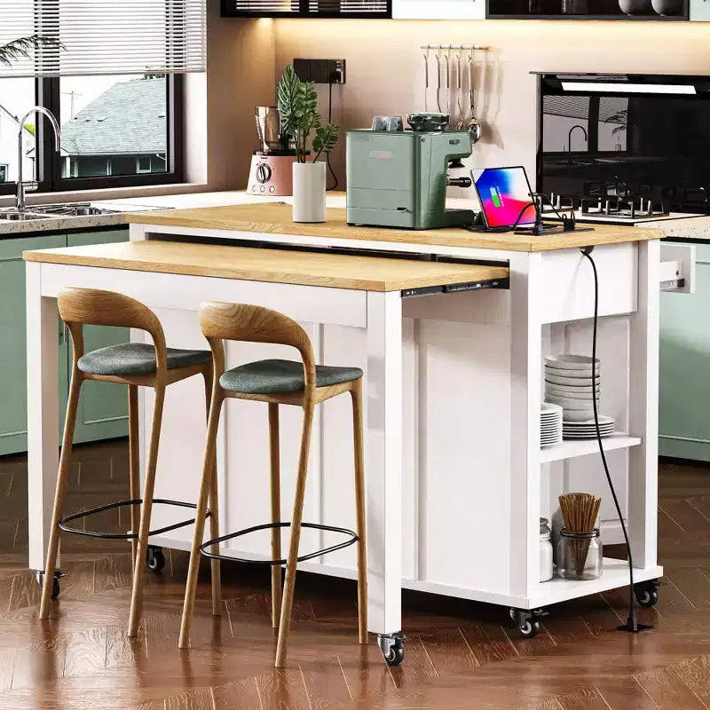 47 Îlot de cuisine avec table à manger extensible, Table de cuisine en placage de bois d'hévéa avec étagère de rangement et prise de courant et 2 tiroirs, 2 armoires, Blanc