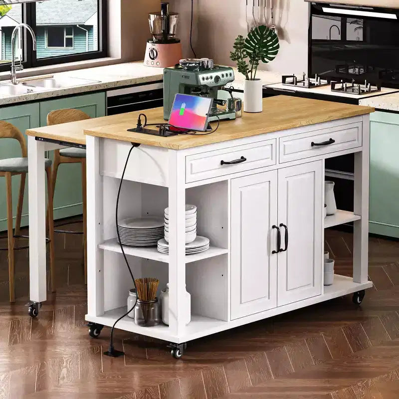 47 Îlot de cuisine avec table à manger extensible, Table de cuisine en placage de bois d'hévéa avec étagère de rangement et prise de courant et 2 tiroirs, 2 armoires, Blanc